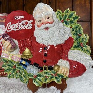 Vintage Coca-Cola Hand Painted Ceramic Holly Santa Plate Platter